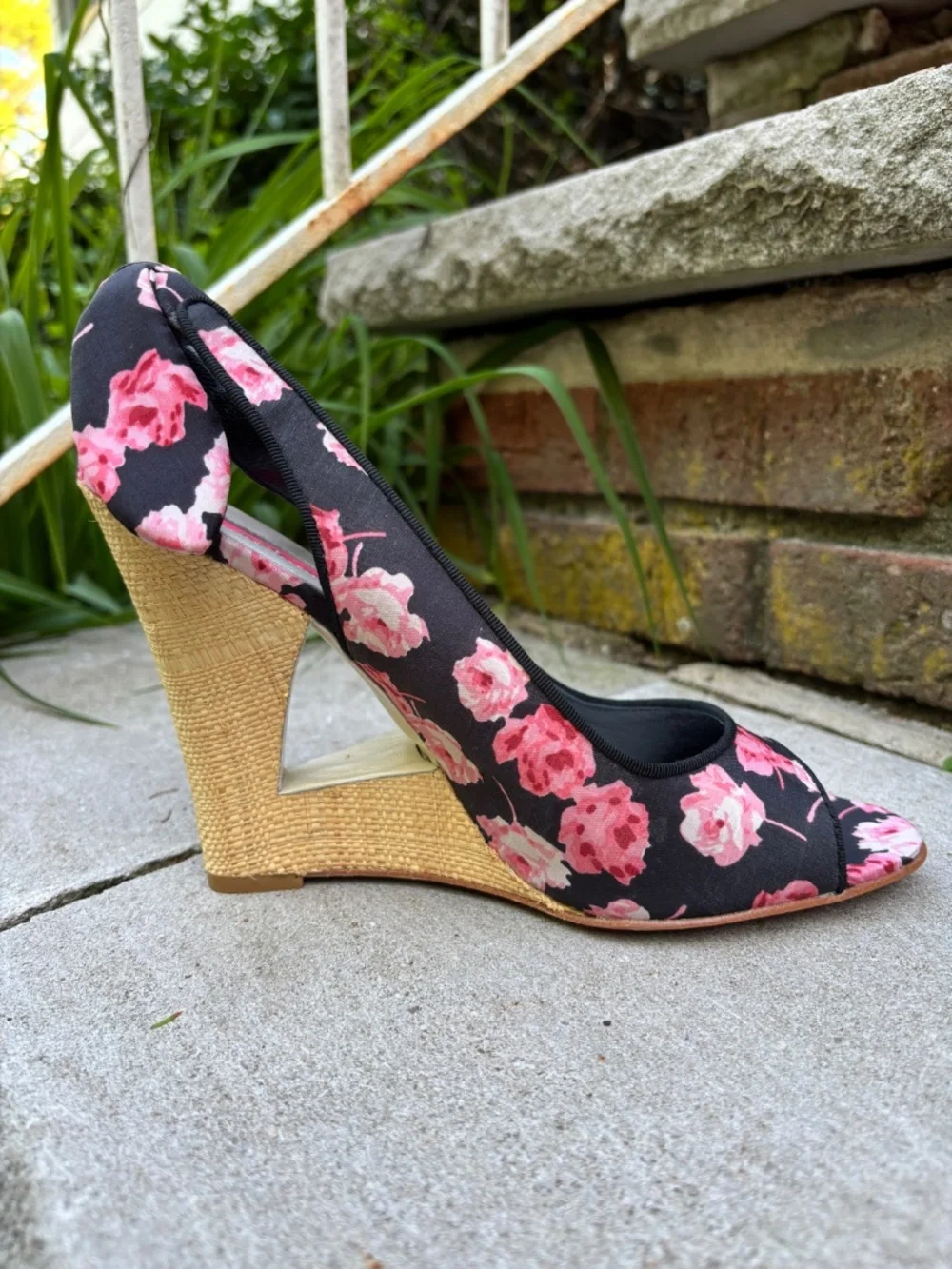 NIB Vntg Betsey Johnson Rose Print Espadrille Slingback Bow Wedges Sz. 10M